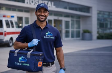 A smiling Bliss Cares medical courier holding a transport bag outside a hospital for organ delivery.