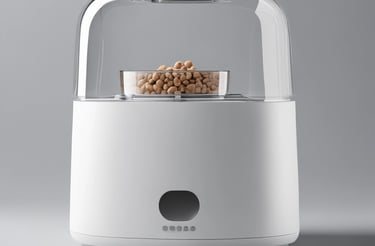 A sleek, minimalist workspace with a laptop and a small smart pet feeder glowing softly.