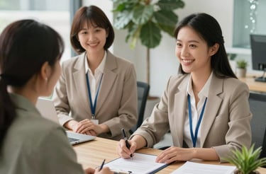 A friendly consultant assisting a migrant worker with paperwork in a bright office.
