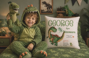 Young boy dressed in a dinosaur onesie holding a dinosaur toy beside a personalised dinosaur cushion