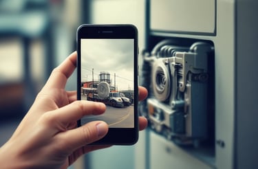 A person taking multiple close-up photos of a machine with a smartphone.