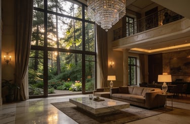 a living room with a large window and a chandelier