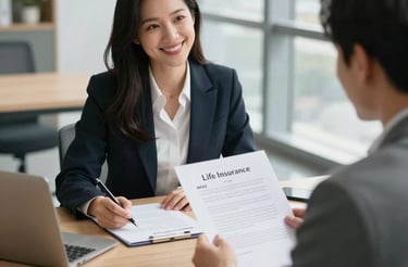 A friendly consultant discussing insurance options with a client in a cozy office.