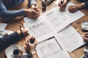 A friendly event manager speaking on the phone with a laptop and event plans in the background.