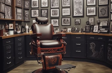 A welcoming tattoo studio entrance with warm lighting and artwork on the walls.