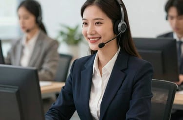 A friendly customer service representative answering a call with a headset in a bright office.