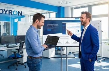 a man and woman standing in front of a large screen