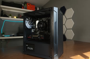 Computadora Gamer con limpio manejo de cableado, tarjeta gráfica Radeon, fuente de poder Pylon