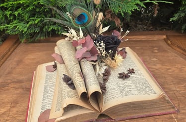 Livre posé avec rose éternelle noire, plume de paon et fleurs séchées, tons pourpre,  réalisé par l'Ensorce'Fleurs