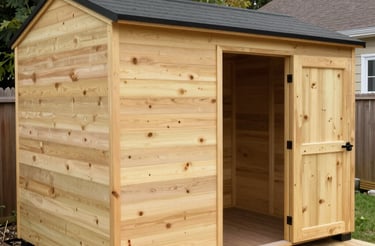 Cozy wooden garden shed surrounded by blooming flowers on a sunny day.