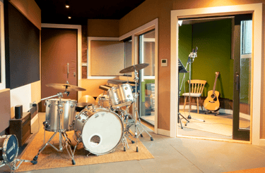 A Hayman Vibrasonic drum kit in the live room of Studio A at Urchin Studios