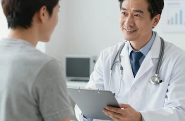Friendly healthcare professional assisting a medical office team with paperwork in a modern clinic.