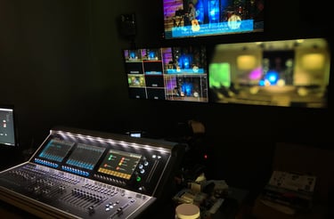 Digital console and monitors installed in broadcast suite in a church