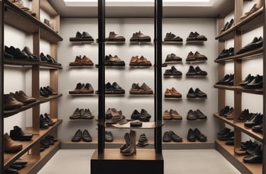 A well-organized display of branded merchandise with a minimalist aesthetic. The items include bottles, cups, a sneaker, bags, and other accessories, all featuring a distinctive percentage symbol on a white or neutral background. The display is set against a white brick wall, giving an industrial feel.