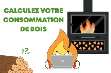 Illustration d'un personnage calculant sa consommation de bois de chauffage devant un poêle à bois.