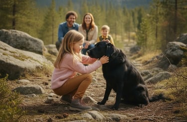 Niña abrazando a su perro negro en familia - Encuentra el seguro perfecto para tu mascota