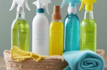 A minimalist composition featuring eco-friendly cleaning products arranged on a textured beige fabric. There's a bottle with a pump dispenser, a small packet, and two paper bags with lavender and mint green labels. The background is softly lit, creating a calm atmosphere.