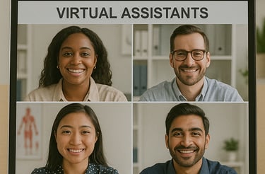 Diverse team of virtual assistants on video call collaborating for healthcare clients.