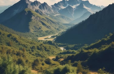 A landscape featuring a geothermal hot spring with steam rising from the surface. The foreground shows a mineral-rich area with earthy tones. Lush green trees are in the background under a clear blue sky.