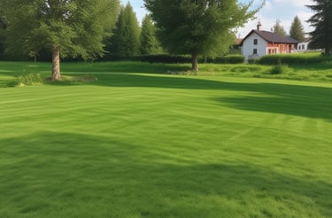 A large tree with sprawling branches stands prominently in a garden setting. Various shades of green cover the lush surroundings, with some colorful bins visible near the trunk of the tree. A concrete path winds through the area, bordered by grass and additional foliage, creating a serene and natural environment.