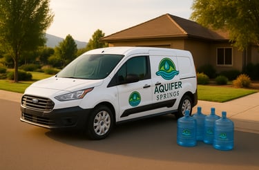 Aquifer Springs delivery van with branded jugs parked in a suburban neighborhood.