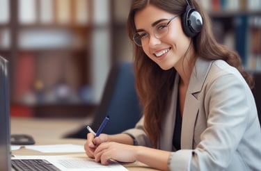 A friendly customer service representative wearing a headset, smiling warmly.