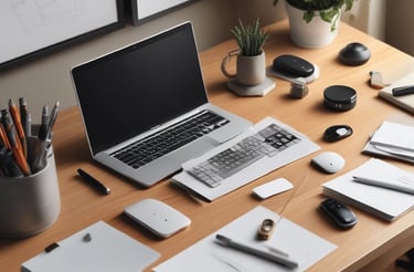 A clean, modern workspace with a laptop and smartphone showing a chat conversation on WhatsApp