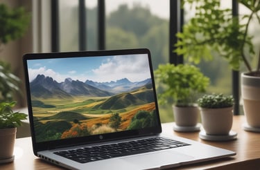 A calm, inviting virtual therapy session setup with soft lighting and a laptop open to a video call.