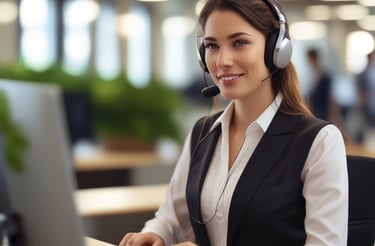 A friendly customer support representative wearing a headset, smiling while assisting a caller.