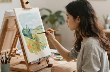 A cozy art studio corner with brushes, paints, and a welcoming chair by a sunlit window.