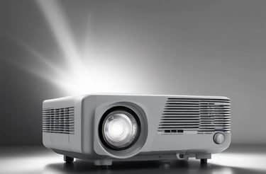 A technician repairing a projector with tools on a workbench.