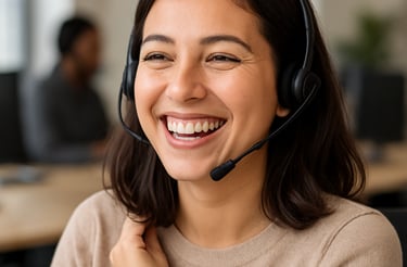 A friendly professional team member answering a call in a modern office