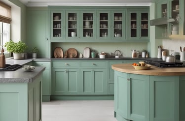 A cozy showroom corner featuring a modern shaker kitchen with earthy tones and a large island bathed in natural light.