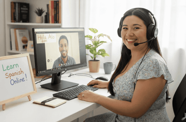 Online Spanish Tutor giving an 1 on 1 session in her office while the student is on the computer