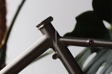 Close-up of a custom titanium bicycle frame showing the seat post clamp and precision welding details.