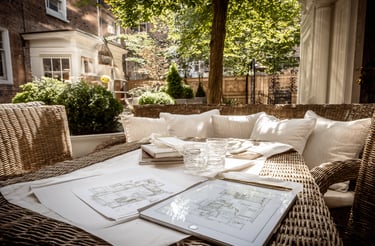 Architectural sketches and a tablet on a wicker garden table in a luxury patio courtyard.