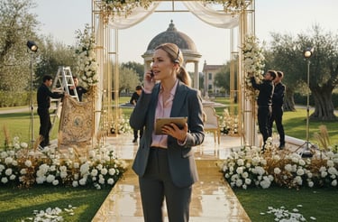 Professional wedding planner organizing an outdoor luxury ceremony with floral arrangements and staff.