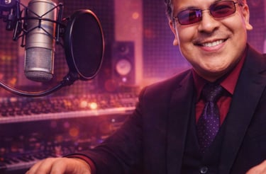 Produtor musical sorridente tocando um teclado Roland em um estúdio de gravação profissional com um