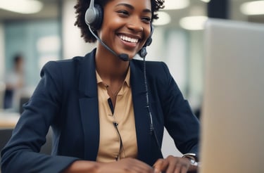 A friendly customer service representative wearing a headset, smiling and ready to assist.