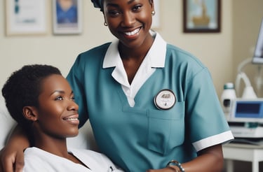 A friendly healthcare professional answering a phone call in a bright clinic.