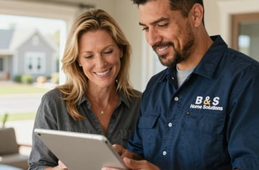 A friendly technician from B & S Home Solutions smiling while holding a clipboard in front of a cozy Littleton home.