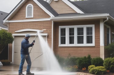 A friendly technician from ProClean Power Washing smiling while holding cleaning equipment in front of a freshly washed house.