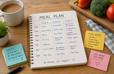 A notebook that a meal plan and alternative food options written on it,