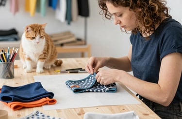 A cozy workspace with sewing materials and pet clothes displayed, hinting at handmade pet fashion.