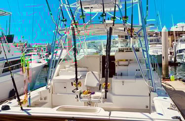 A deep sea fishing boat named Good Hooker docked in a marina with several fishing rods and reels.
