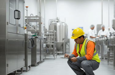 A quality control inspector in a safety vest and hard hat performs an audit in a food processing plant.