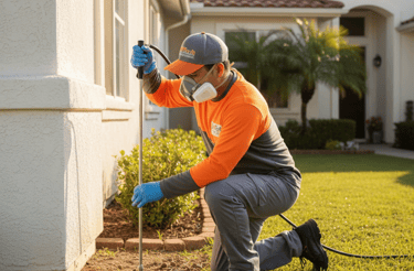 Professional exterminator performing a liquid termite soil treatment around a residential home foundation.