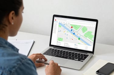 A friendly community member using a laptop to submit resource information online.
