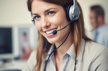 A friendly customer service representative wearing a headset, smiling and ready to assist.