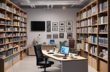 Modern office workspace with architectural plans and a laptop